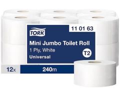 Papier toaletowy Tork mini jumbo, 1w. biały, makulatura, 240m, 12 rolek/op. system T2