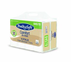 [5 + 1 opakowanie gratis = 18000 listków] Ręcznik papierowy BulkySoft Comfort De-inked, składany typu V-Fold (ZZ), 21x21 cm, 2 warstwy, celuloza z recyklingu, biały