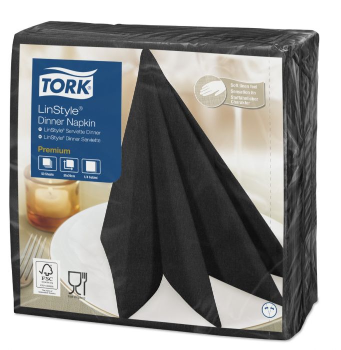 Czarne serwetki obiadowe Tork Premium LinStyle®, składane w 1/4