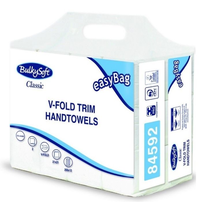 [5 + 1 karton gratis] Ręcznik papierowy BulkySoft składany typu V-Fold (ZZ), 2w, 21x21 cm, biały, celuloza ,3000 szt./op.