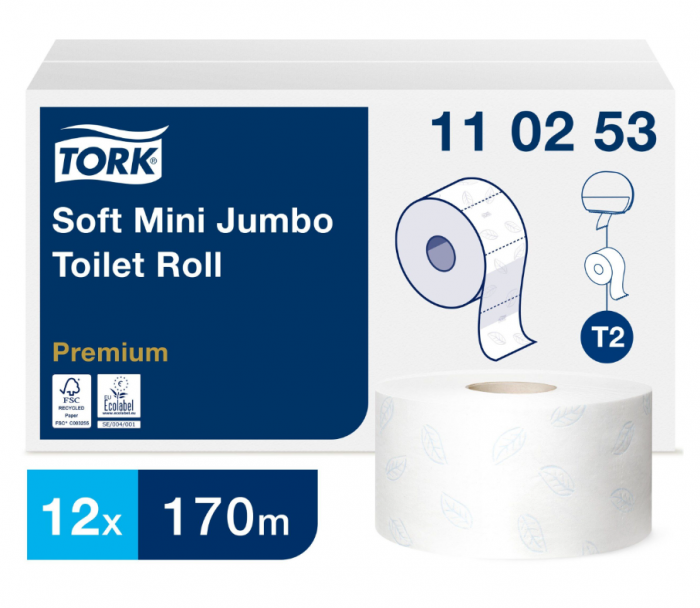 Papier toaletowy Tork mini jumbo, 2w., biały, makulatura, 170m, 12 rolek/op. system T2