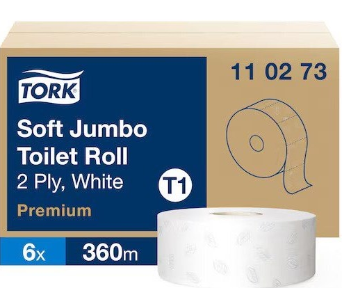Papier toaletowy Tork maxi jumbo, 2w., biały, makulatura, 360m, 6 rolek/op, system T1